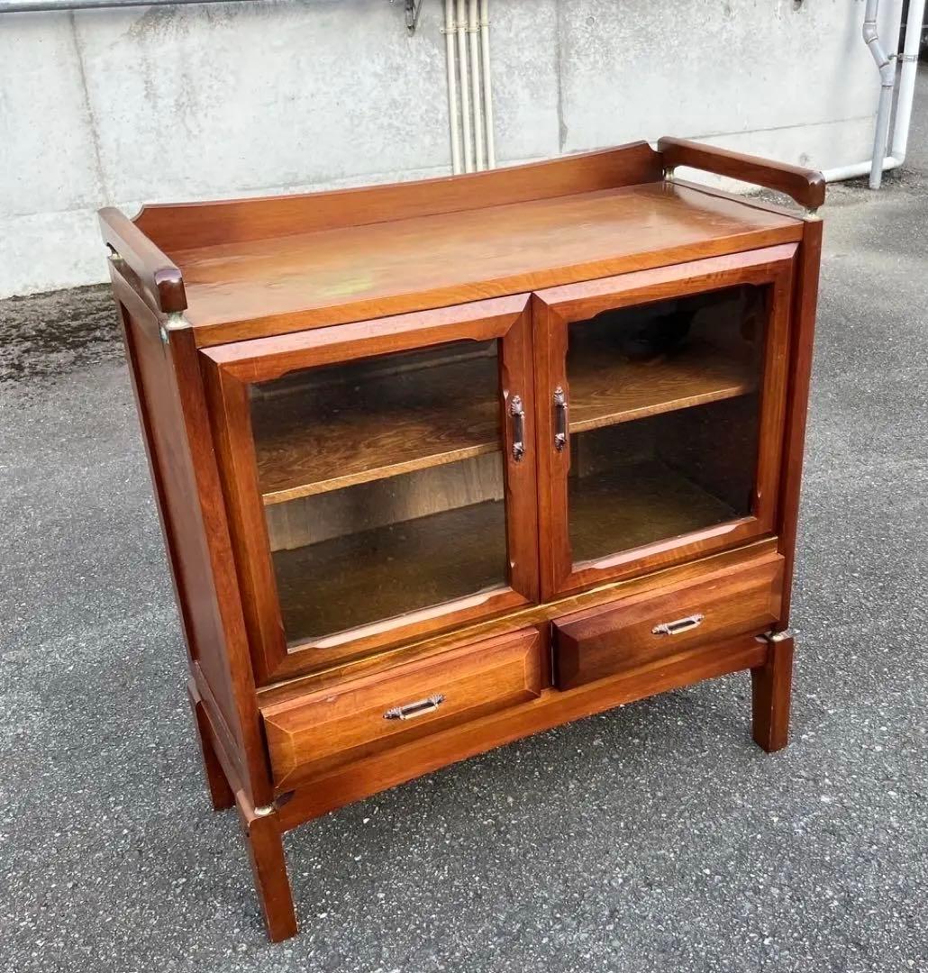 昭和　レトロ　古家具　ガラス戸　木製キャビネット　食器棚　サイドボード　本棚