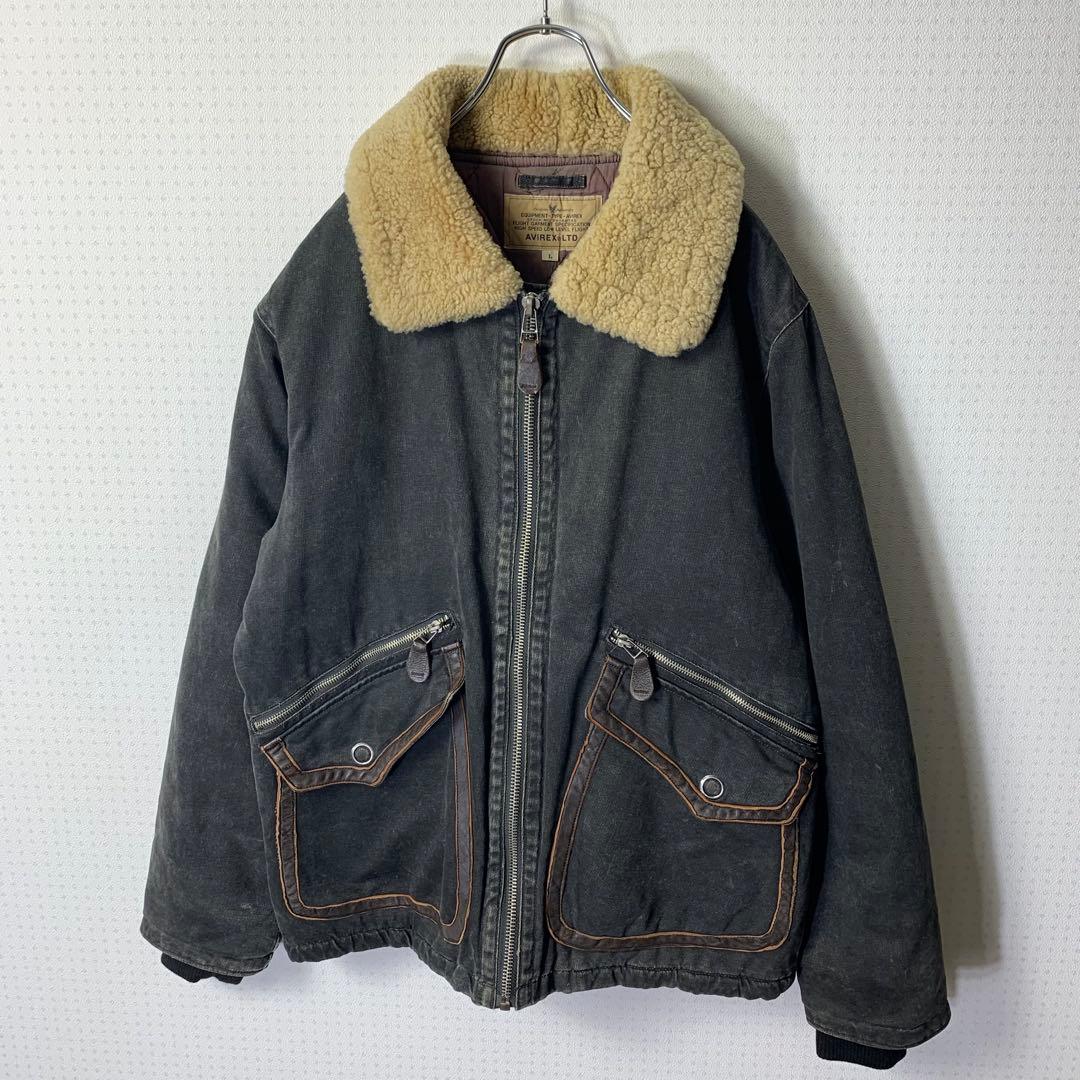 00s avirex フライトジャケット L 襟羊毛ボア 中綿 レザー ブラック