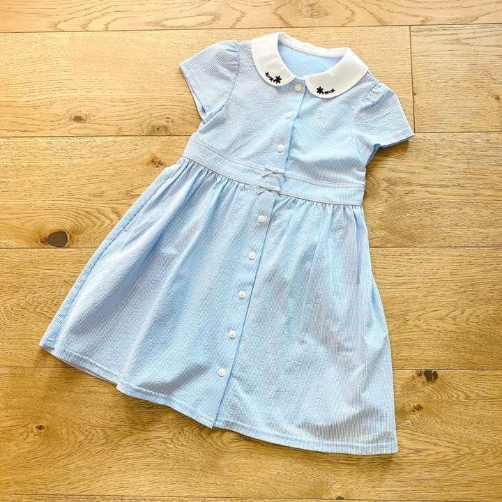 新品　組曲　 襟花刺繍 ワンピース 半袖 ブルー　130-140　6657