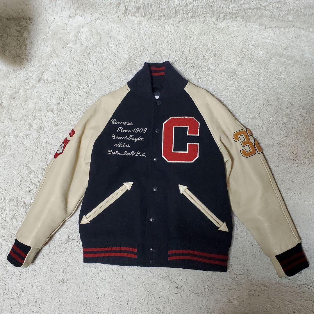 美品 希少 CONVERSE コンバース レザー袖 スタジャン バック刺繍 M
