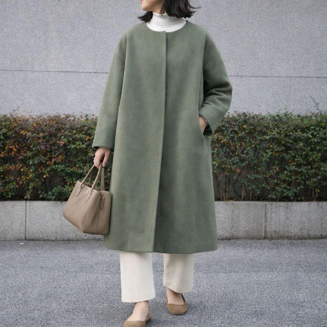 ジャーナルスタンダード［F］極美品◎ウール100%◎ノーカラーロングウールコート