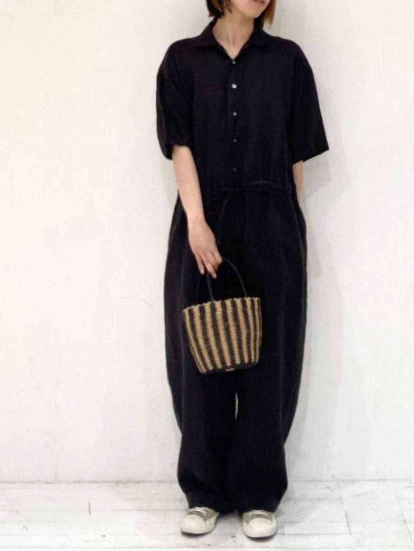 かぐれ リネンハーフスリーブ オールインワン 黒