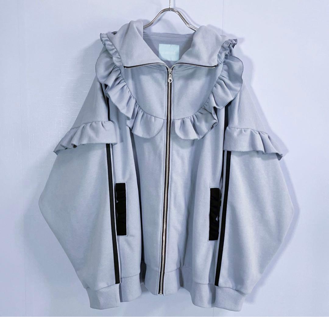 【入手困難】Satoiフリル付きジップアップパーカー grayblue【限定品】