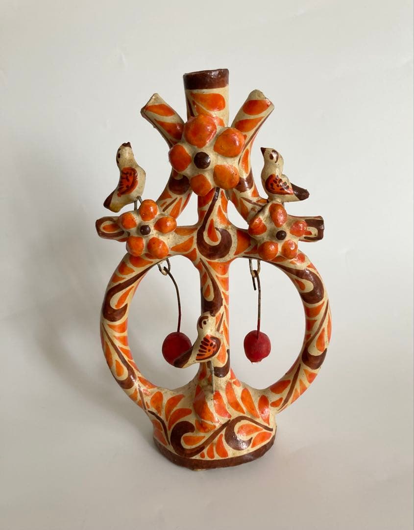 メキシコ民藝 生命の樹 ツリーオブライフ 燭台 オレンジ