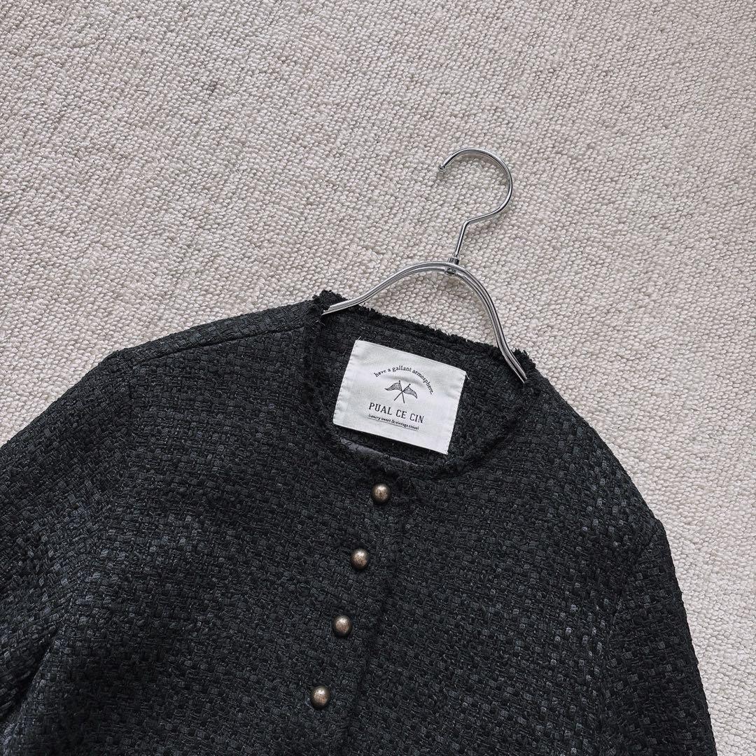 ピュアルセシン ツイードノーカラージャケット　黒