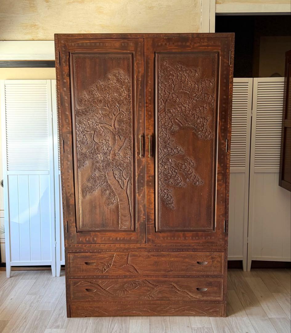 軽井沢彫 箪笥 ワードローブ 整理箪笥 昭和レトロ 伝統工芸品 アンティーク 桜