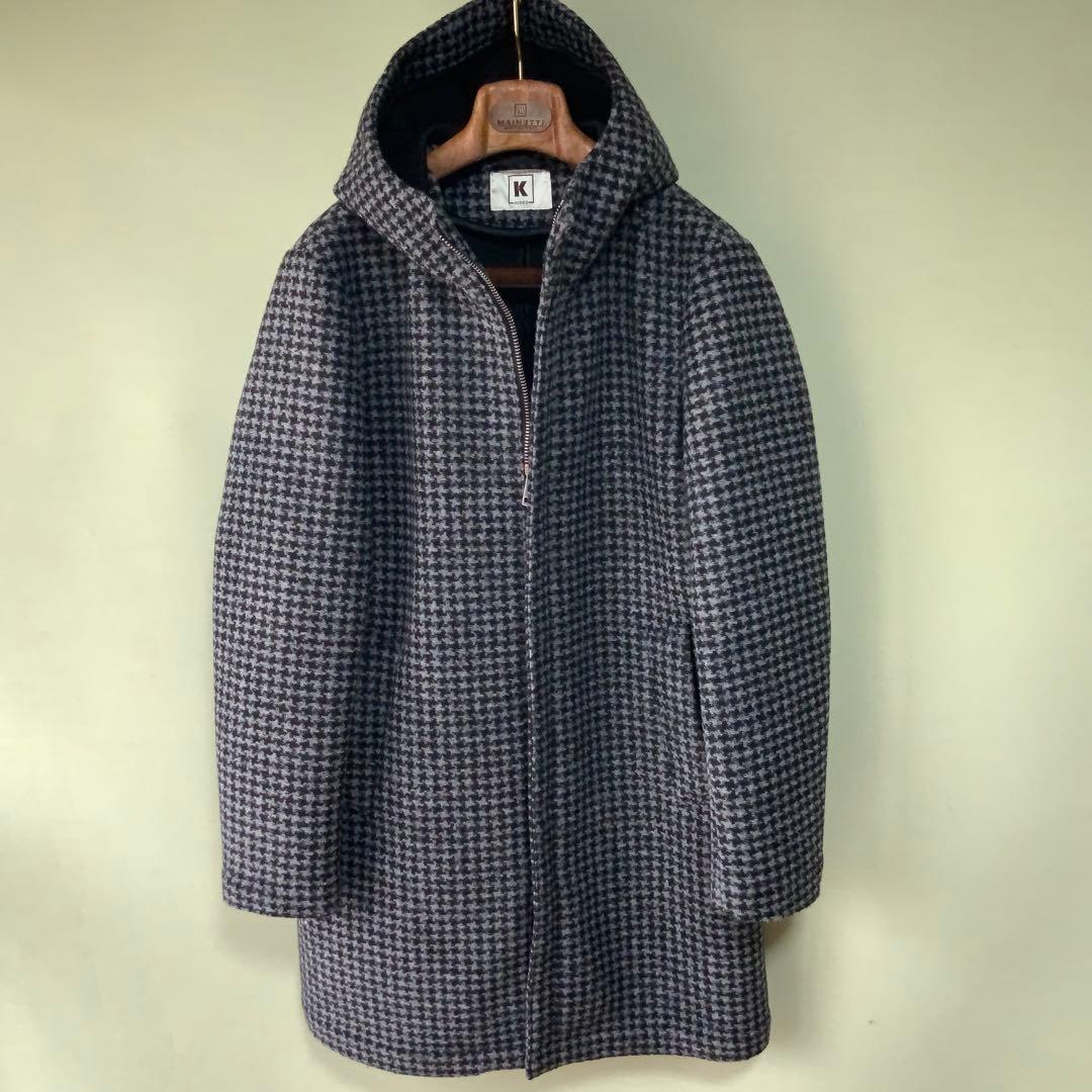 KIREDキーレッド フーデッドコート 伊製ハウンドトゥース グレーブラック