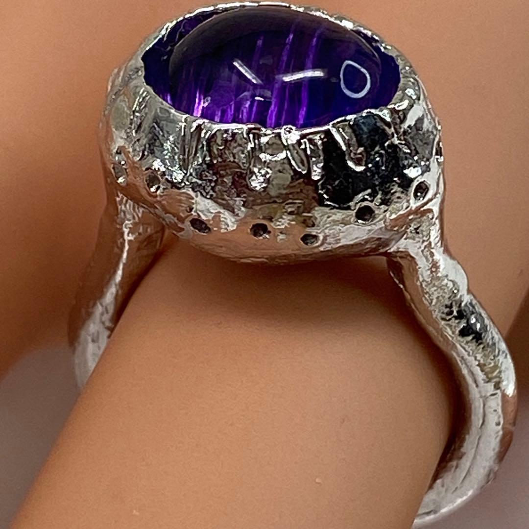 【甲府産】天然アメシストキャッツアイ リング SV925 10号 水クラゲ