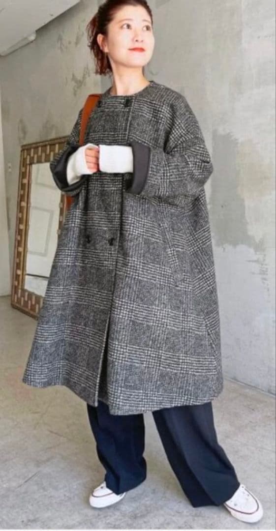 値下げ　Spick&Span　Wスライバーノーカラーチェックポンチョコート　38