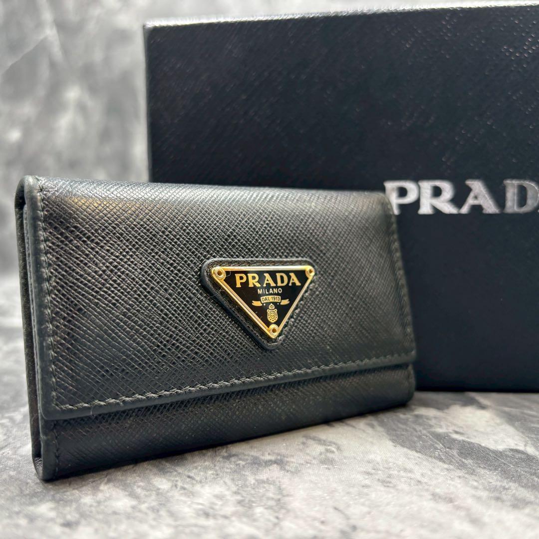 現行/極美品 PRADA 6連 キーケース サフィアーノ ブラック ゴールド
