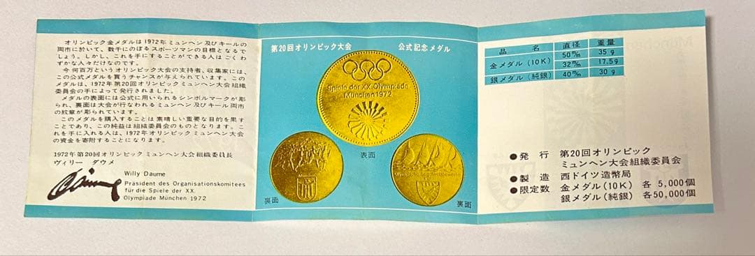 ミュンヘンオリンピック　公式記念金メダル 10K 約35g ケース、説明書付