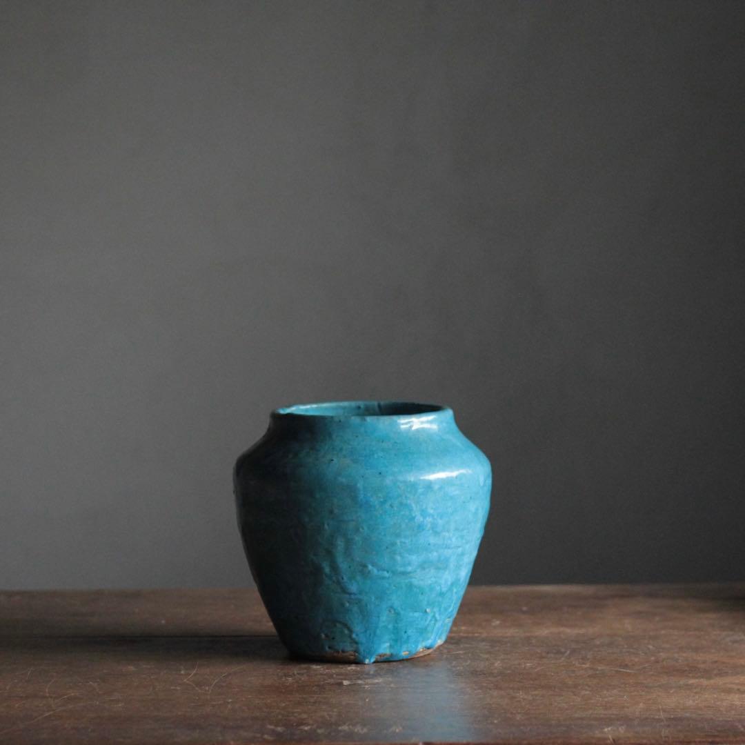 鮮やかな ターコイズブルー 壺 古道具 アンティーク 花器