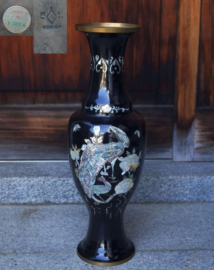 専用大型銅胎 黒漆螺鈿象嵌『鳳凰牡丹図』飾り壺 花瓶 花器 高さ68.5㎝