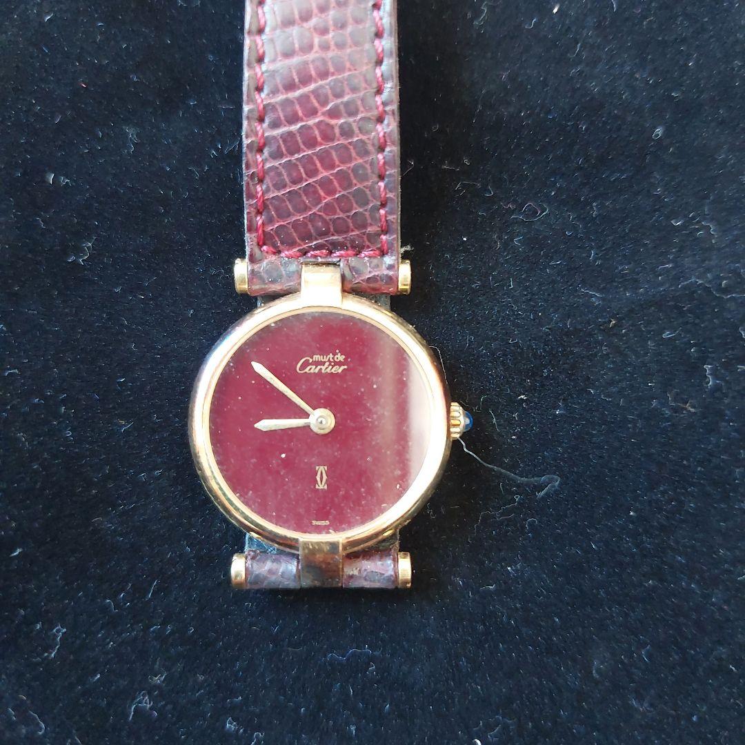 Cartier クォーツ時計 バーガンディ レザー