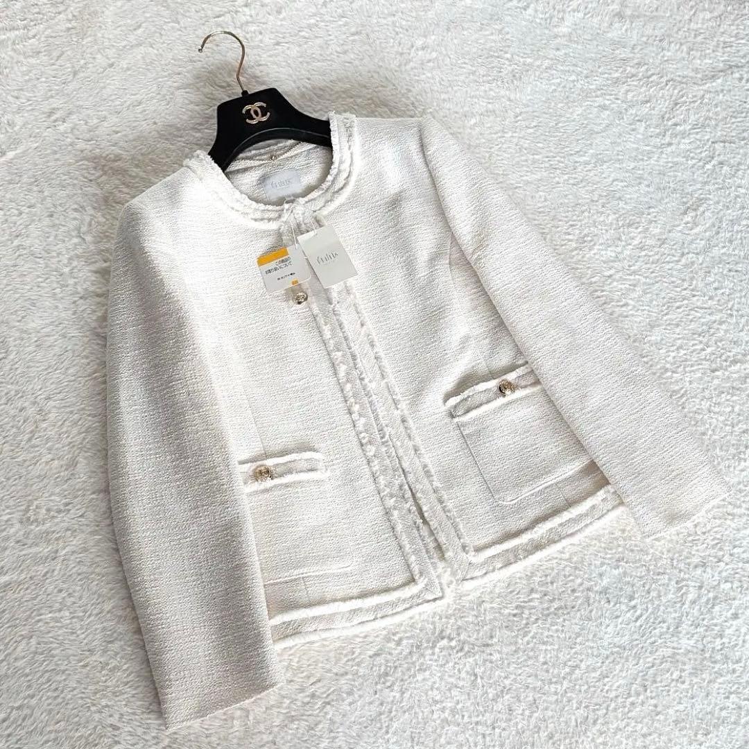 新品タグ付き✨【自由区】ツイードノーカラージャケット 金ボタン イタリア生地38