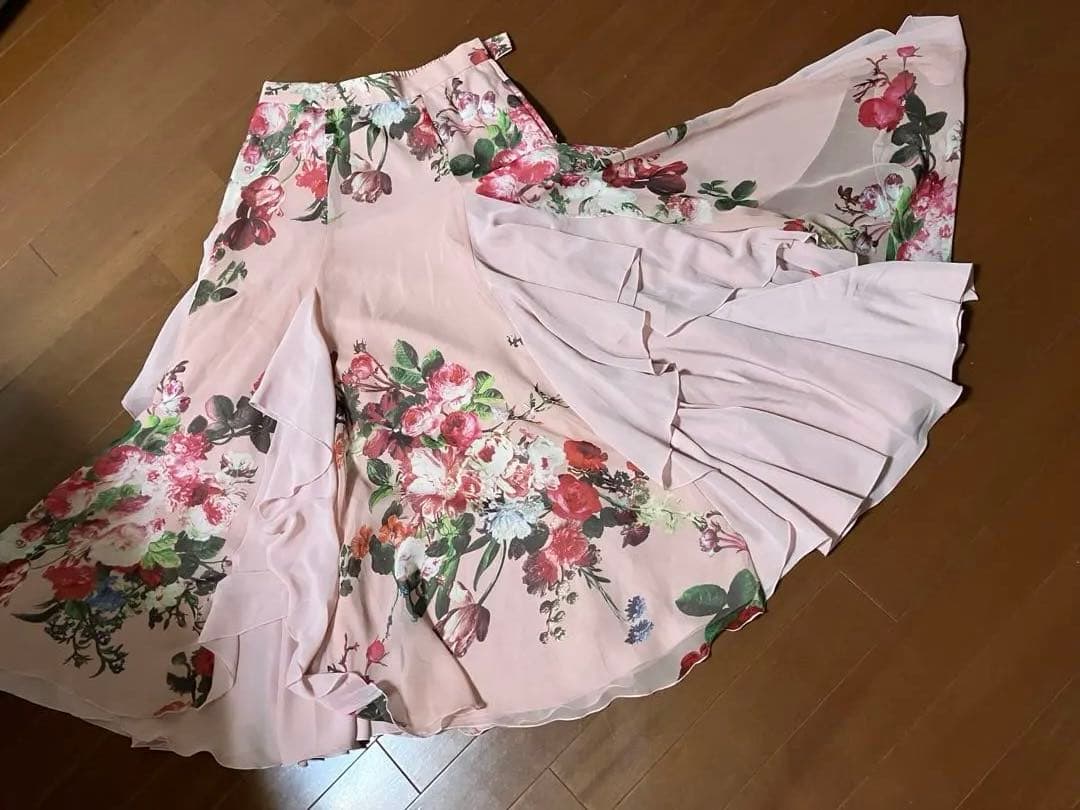 社交ダンス　 DANCE ピンクシフォン＆フリル　ロングスカート