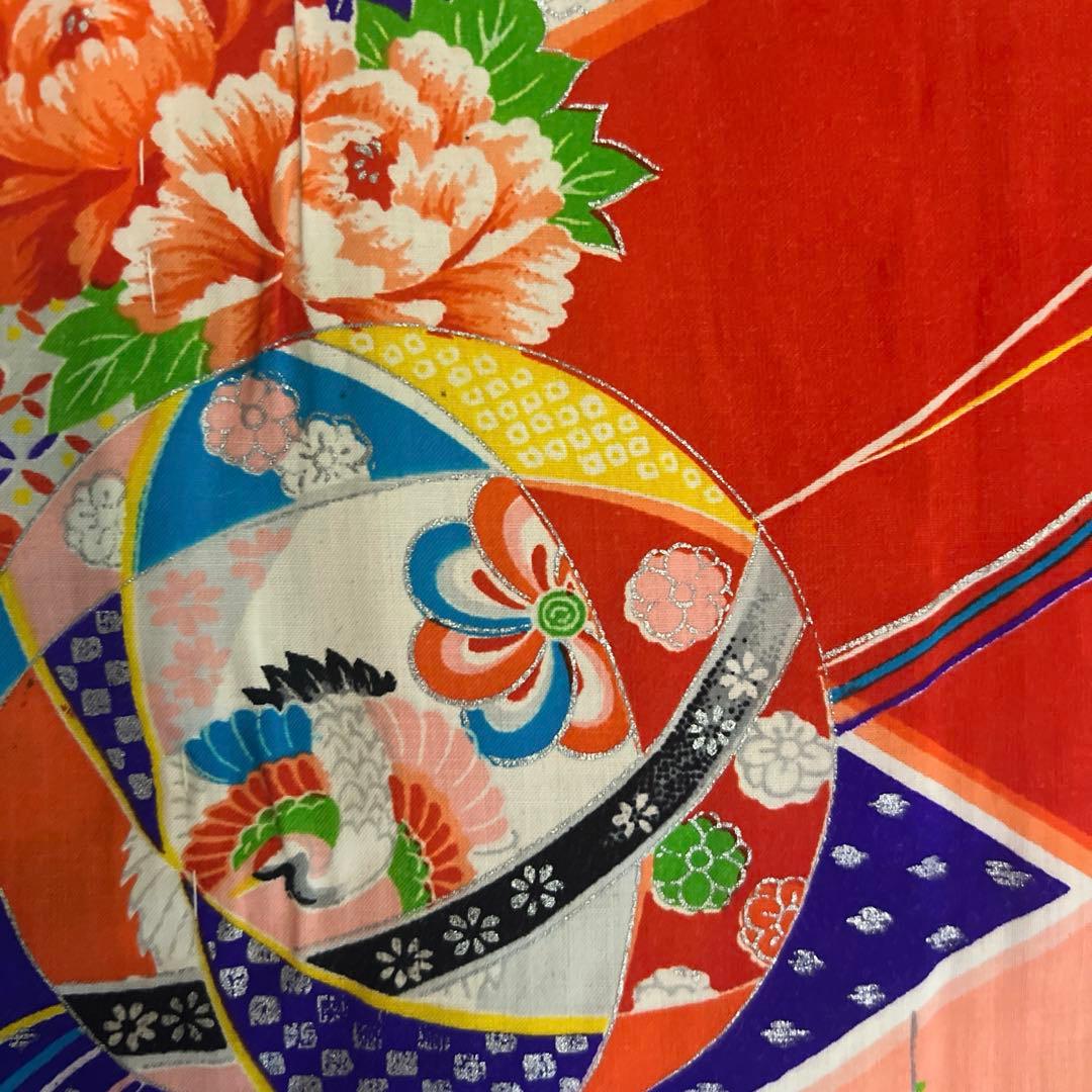 5945◆アンティーク長襦袢毱薬玉折鶴花尽くしレトロ可愛いチャーミング