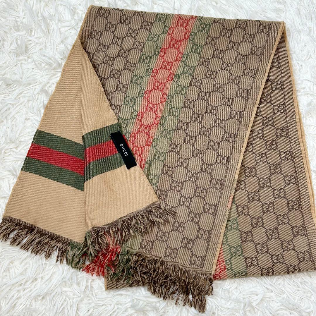 人気✨GUCCI グッチ マフラー　シェリーライン GG柄 総柄 フリンジ
