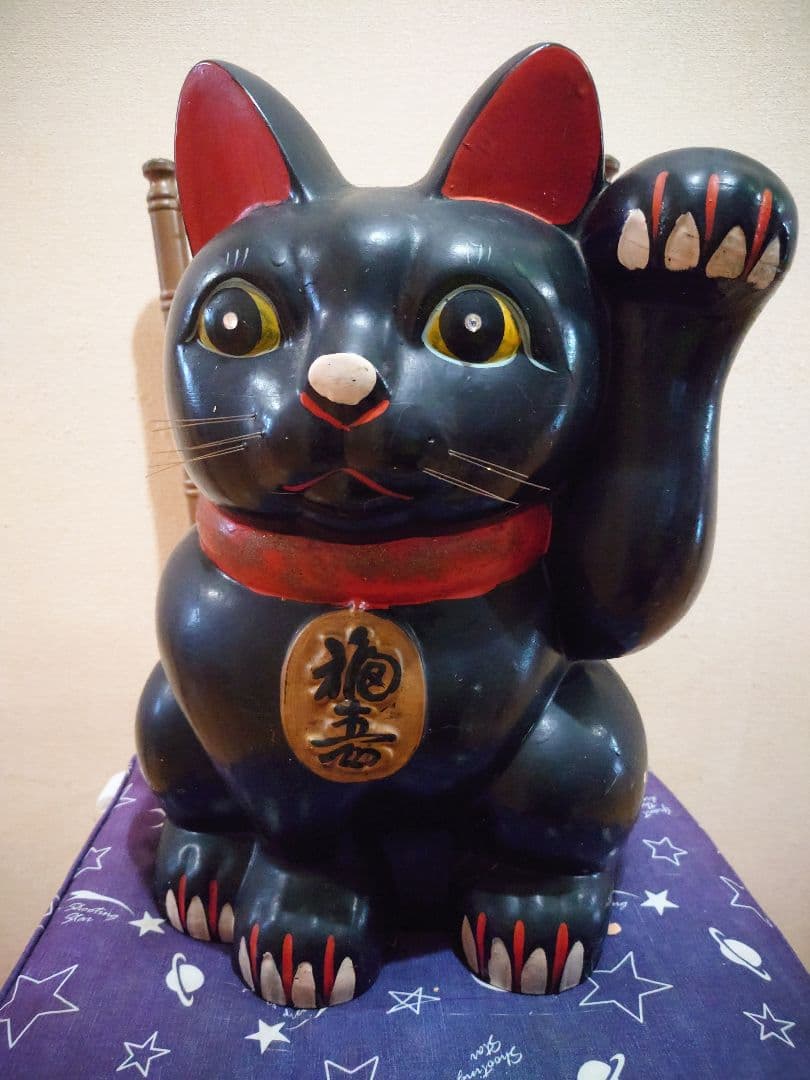 特大 招き猫 黒猫 縁起物 置物 昭和レトロ　左手上げ　長期保管品　高さ46cm