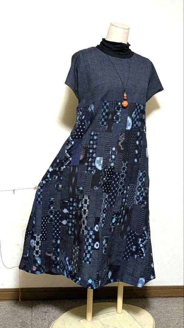 書生紬　久留米絣　古布　藍染着物リメイクロングワンピース　　109
