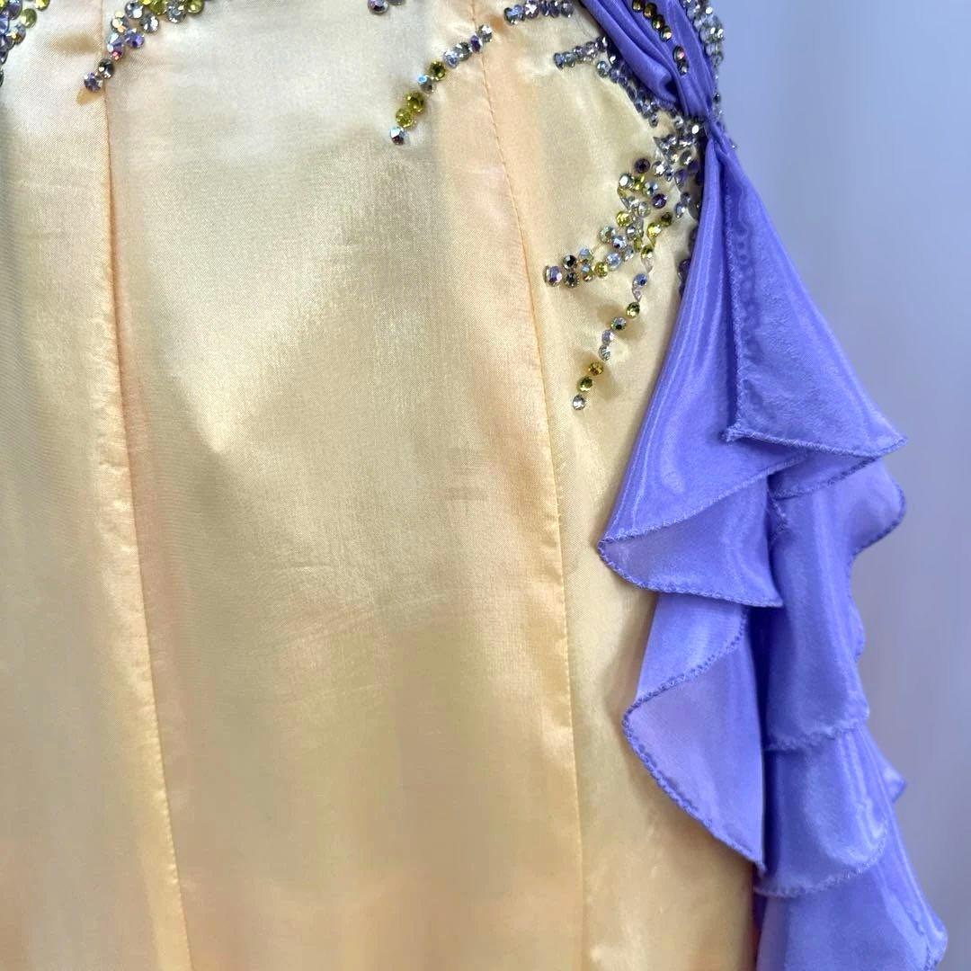 6338★ジャンティ★M 黄色 サテン スワロ スタンダード ドレス社交ダンス