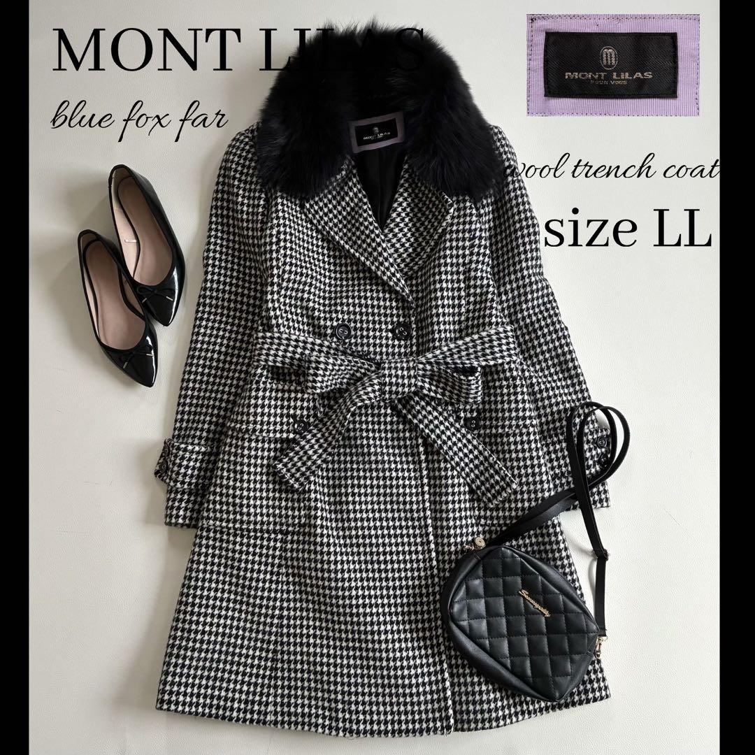 ◆上質◆大きいサイズ◆ブルーフォックス◆ロングウールコート◆千鳥格子◆白黒◆LL