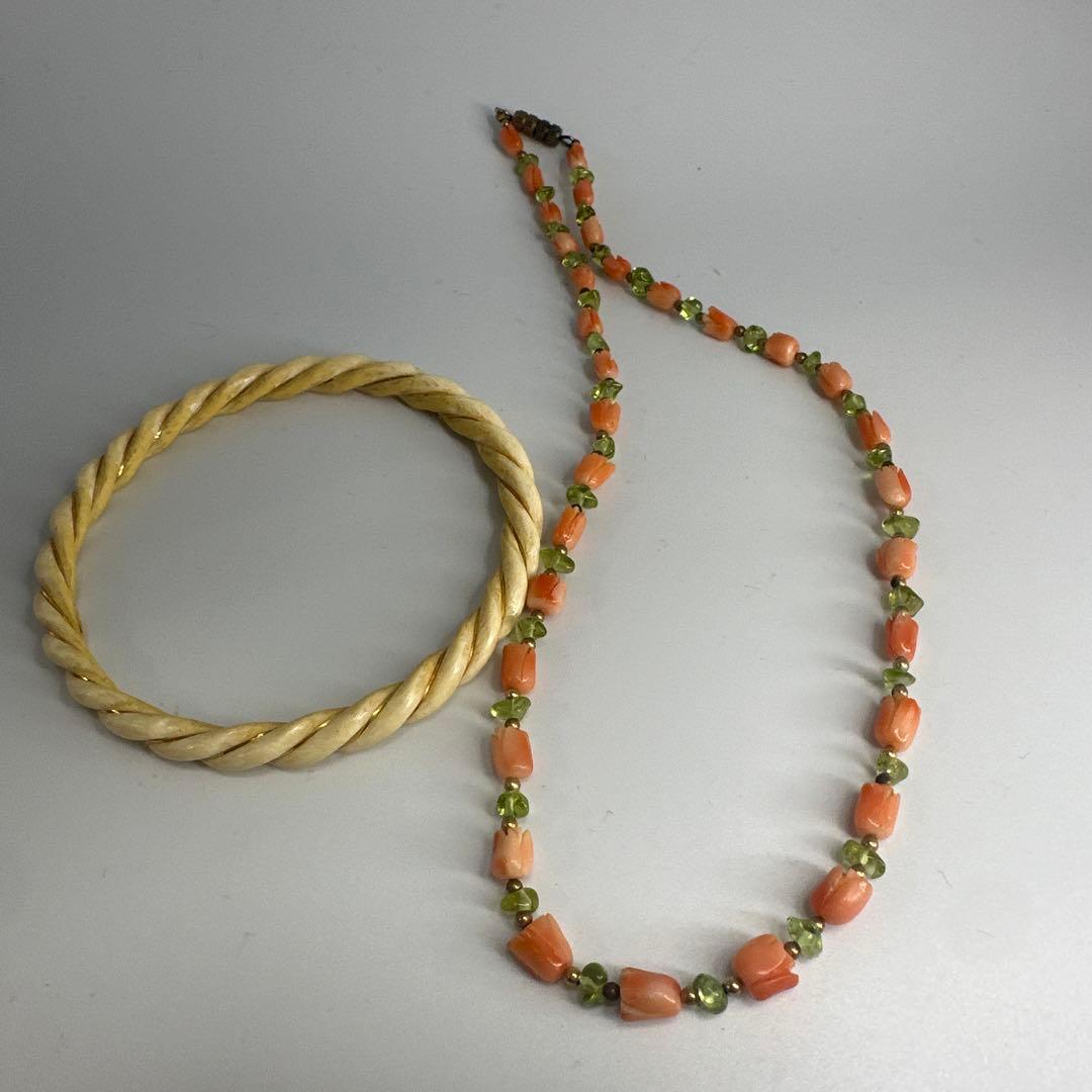 14K 585 サンゴ　珊瑚　天然材質　ぞうげ風　ネックレス　ブレスレット