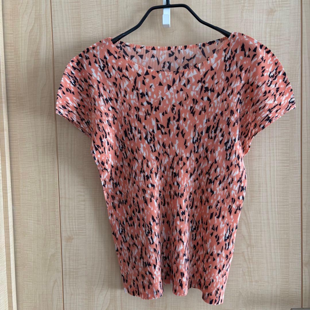 PLEATS PLEASE リブ編みオレンジ系半袖Tシャツ