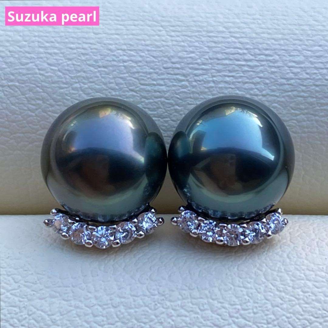 本真珠　南洋黒蝶真珠タヒチパール直結タイプピアス　8.8mmグリーンP1189