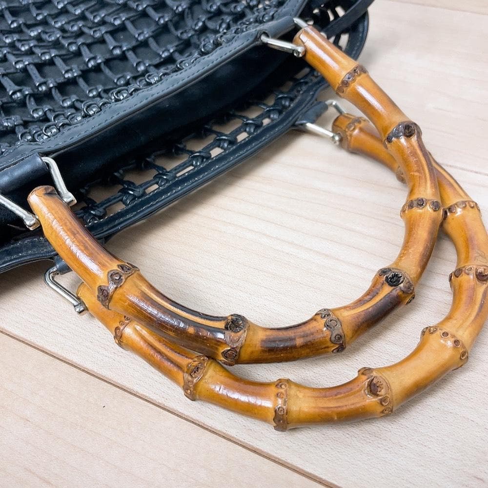 GUCCI バンブー 編み込み 巾着 かごバッグ ブラック 黒 レザー オールド