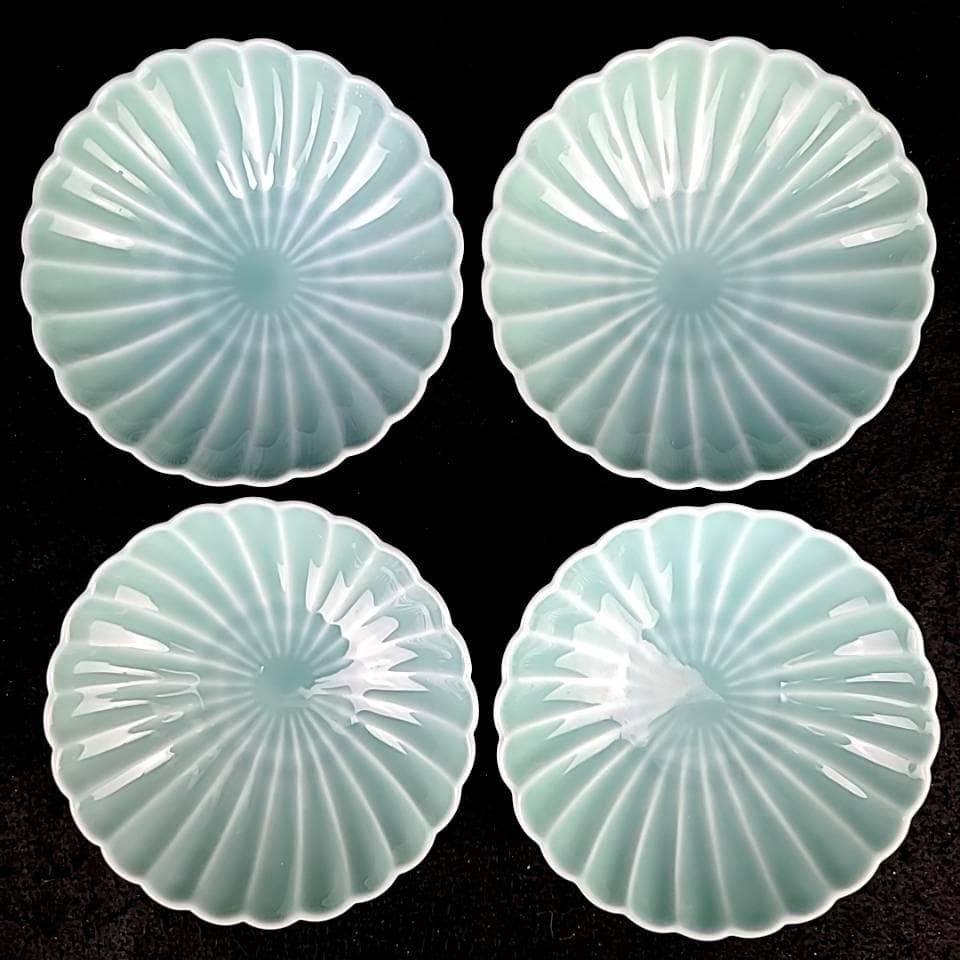 ●美品▽深川製磁　菊割小付　青磁　小鉢　鉢　皿　4枚