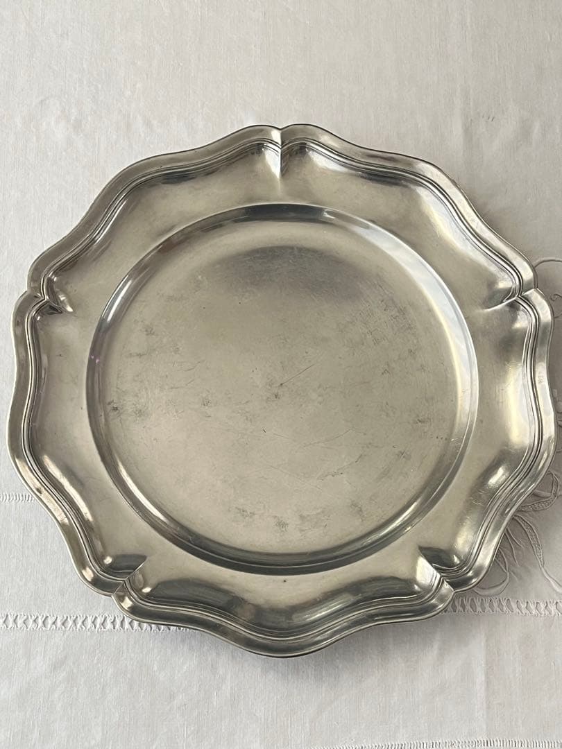 【美品】フランスアンティーク ピューター花リムプレート 37cm特大 2797