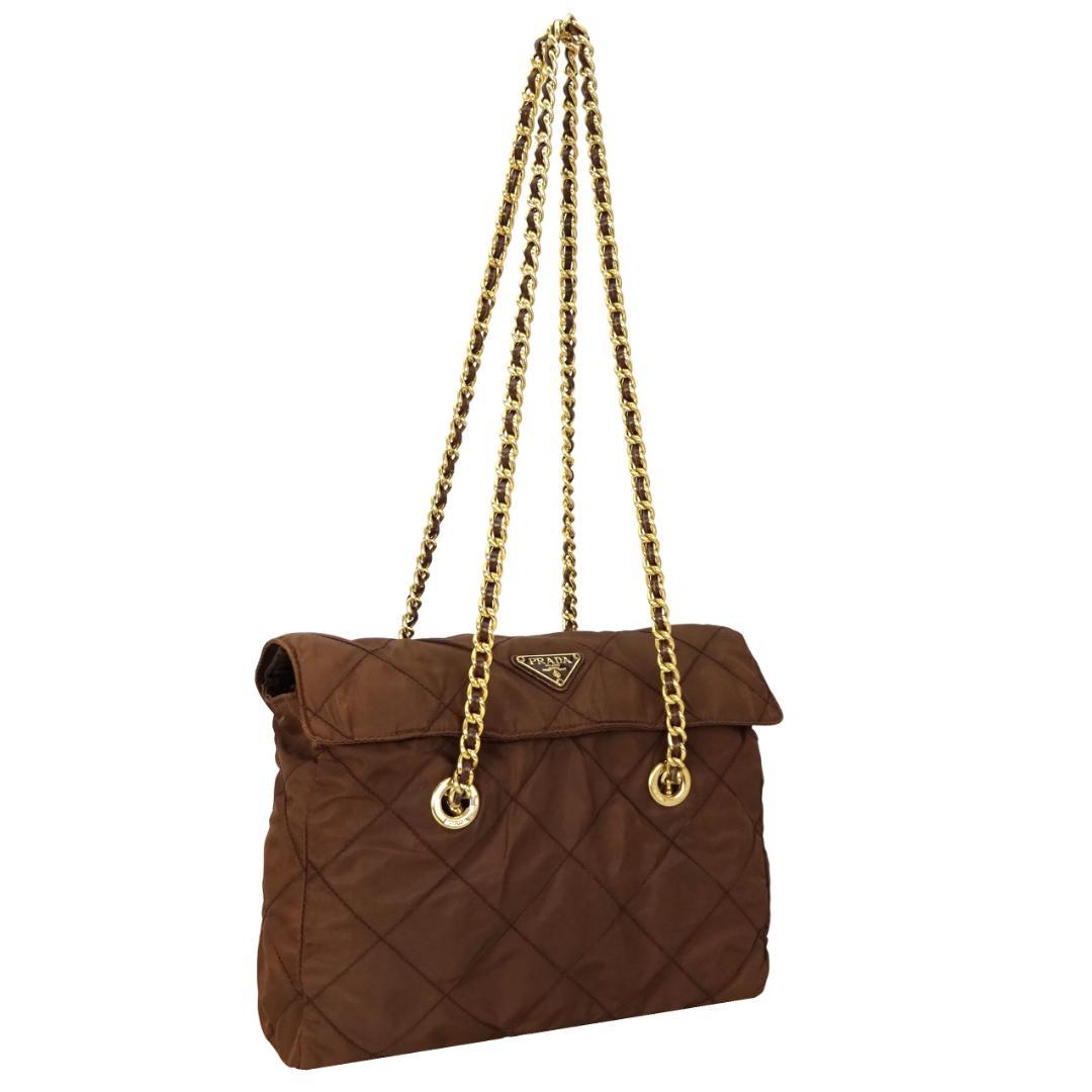 本物良品 ■プラダ■クロステッチ 三角ロゴ ナイロン チェーン ショルダーバッグ