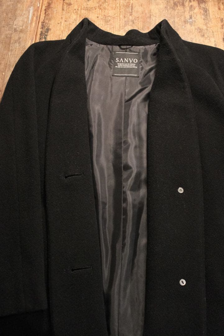 90s SANY ノーカラーコート ウール ショート タック ラグラン S-M黒