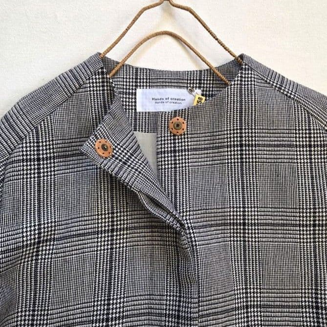 ハンズオブクリエイション ノーカラーコート ウール グレンチェック 千鳥格子