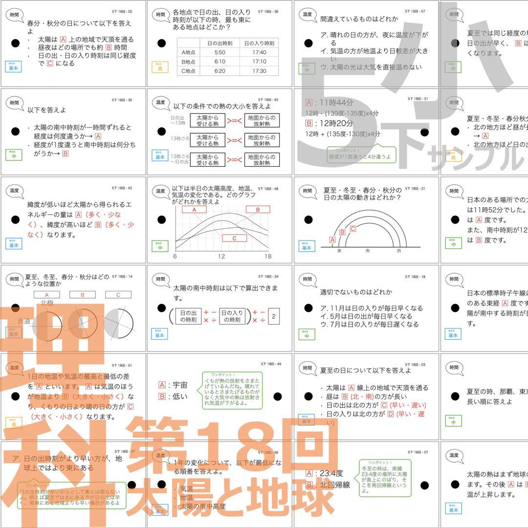 中学受験 暗記カード【5年下 社会・理科11-18回】 予習シリーズ 組分け