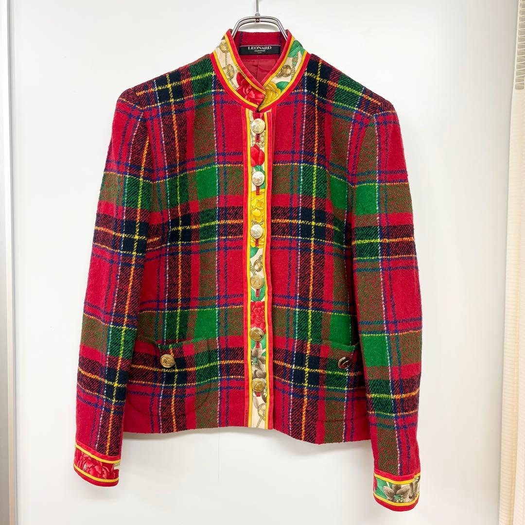 レオナール　ノーカラージャケット 赤・緑・青 チェック柄　M相当