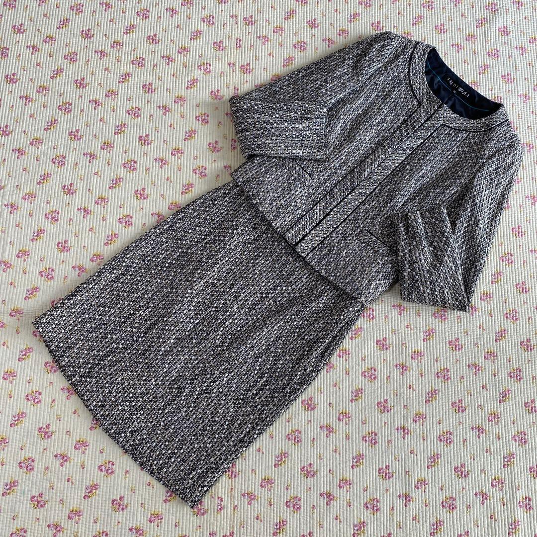 インディヴィ ツイード 秋冬 ノーカラー スーツ 38 W66 DMW