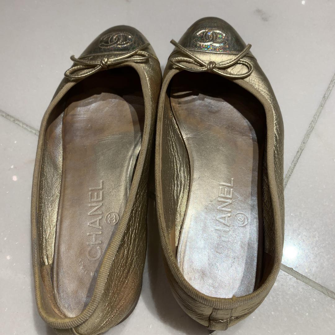 CHANEL シャネル バレエシューズ ゴールド CCロゴ フラット 24cm
