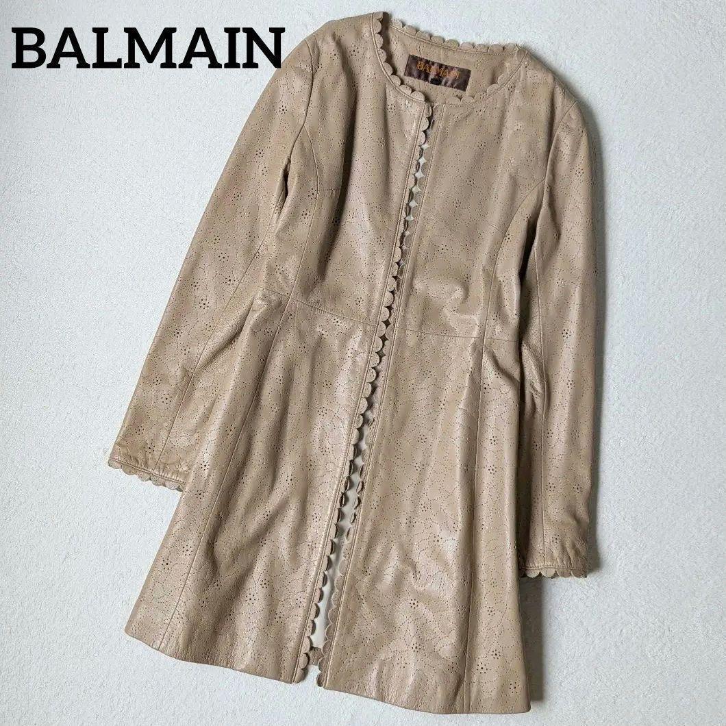【美品】バルマン ノーカラー レザーコート ベージュ ラム パンチング サイズ9
