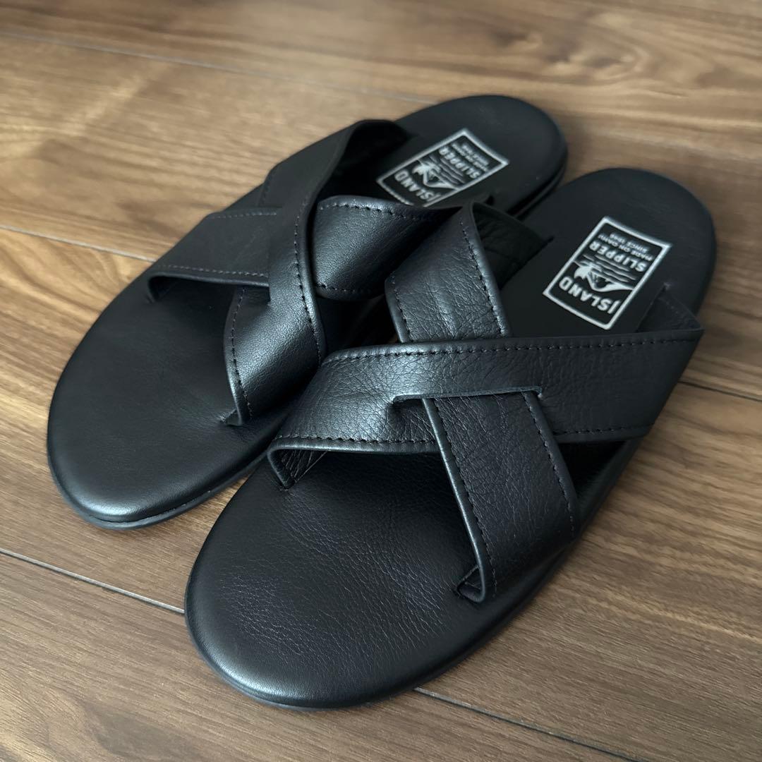 アイランドスリッパ/クロスストラップサンダル ブラック スムースレザー