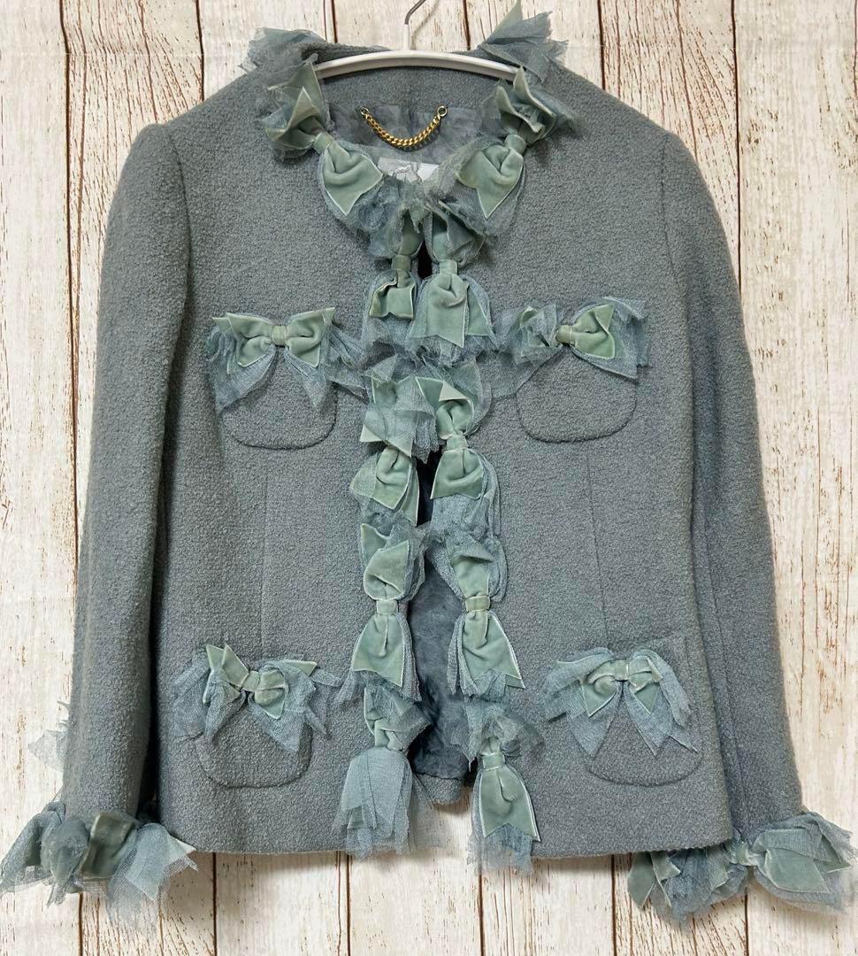 MOSCHINO リボンレースフリルノーカラージャケット ライトブルー