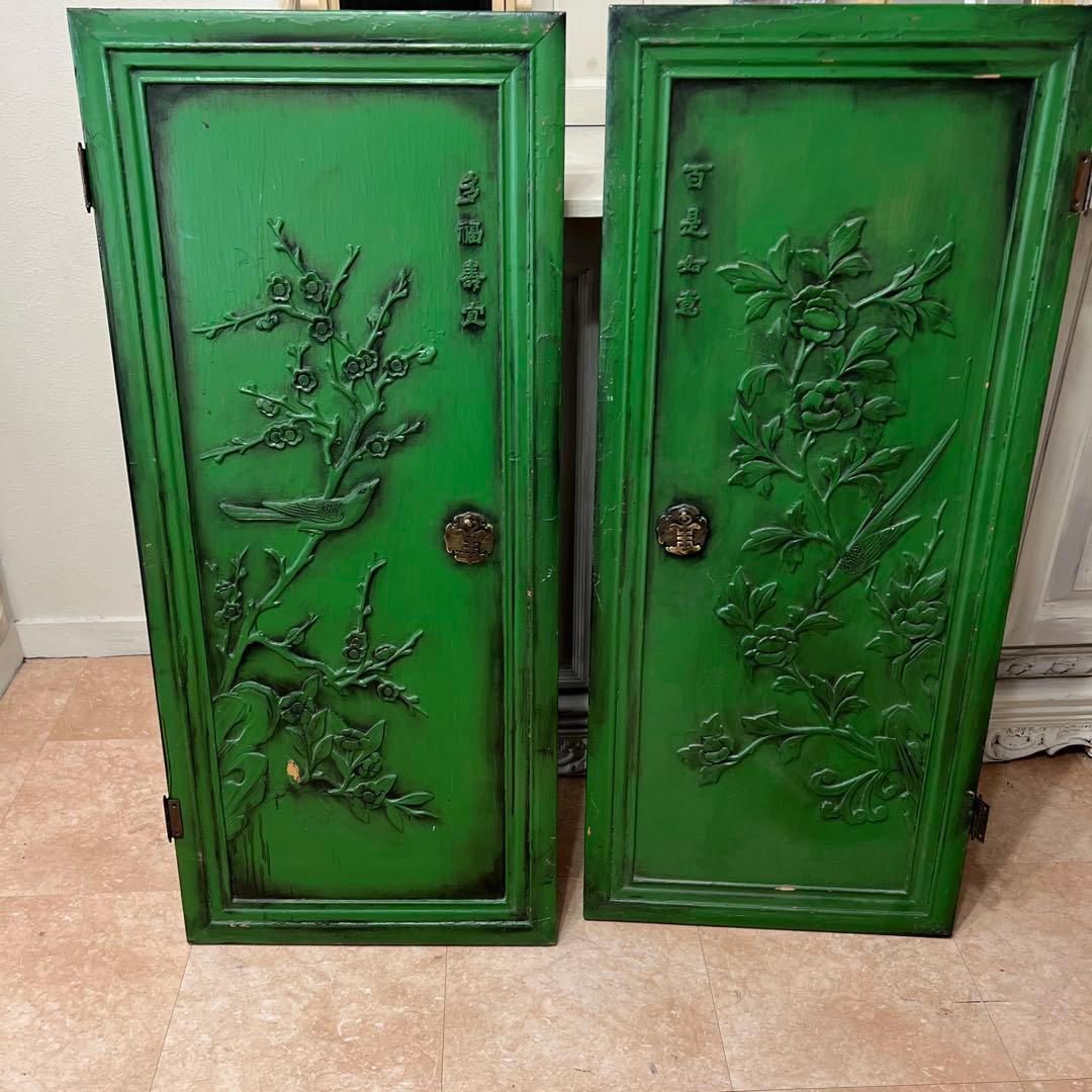 緑色の彫刻木製扉 2枚セット＊中国？