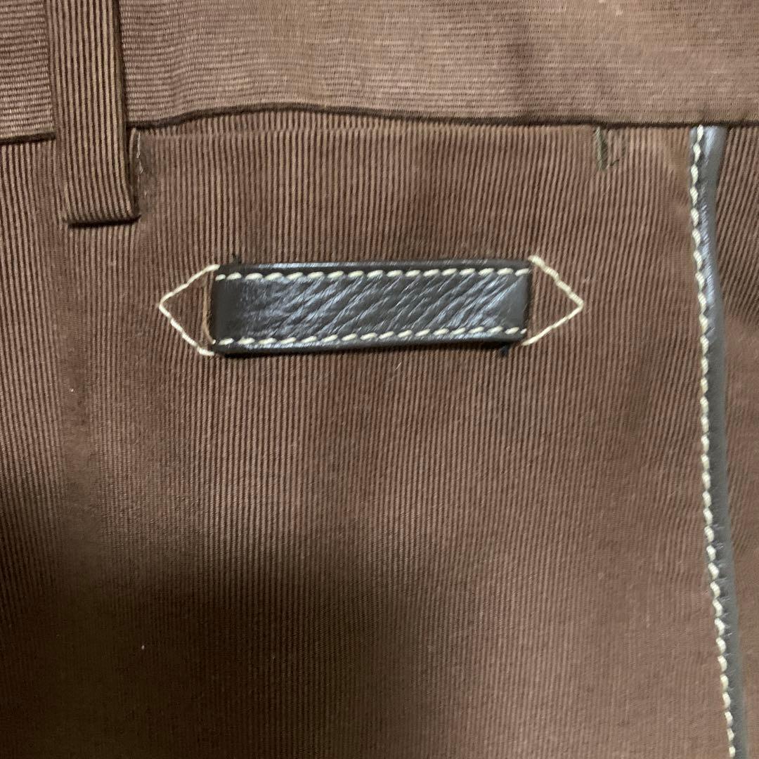 HERMESブラウン コットンパンツ黒レザーパッチ