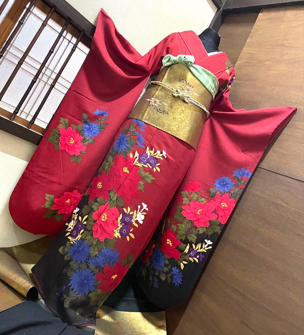 振袖フルセット6点サイズS〜M草花文　暈し染め　金彩　正絹