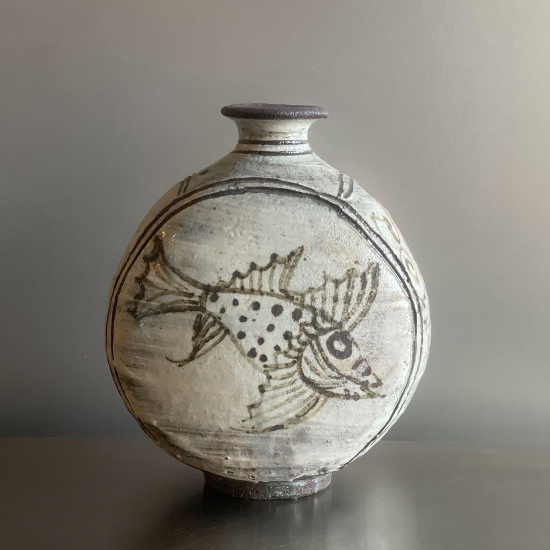魚紋太鼓形花器　陶芸家村田森作品　新品未使用　激レアアイテム