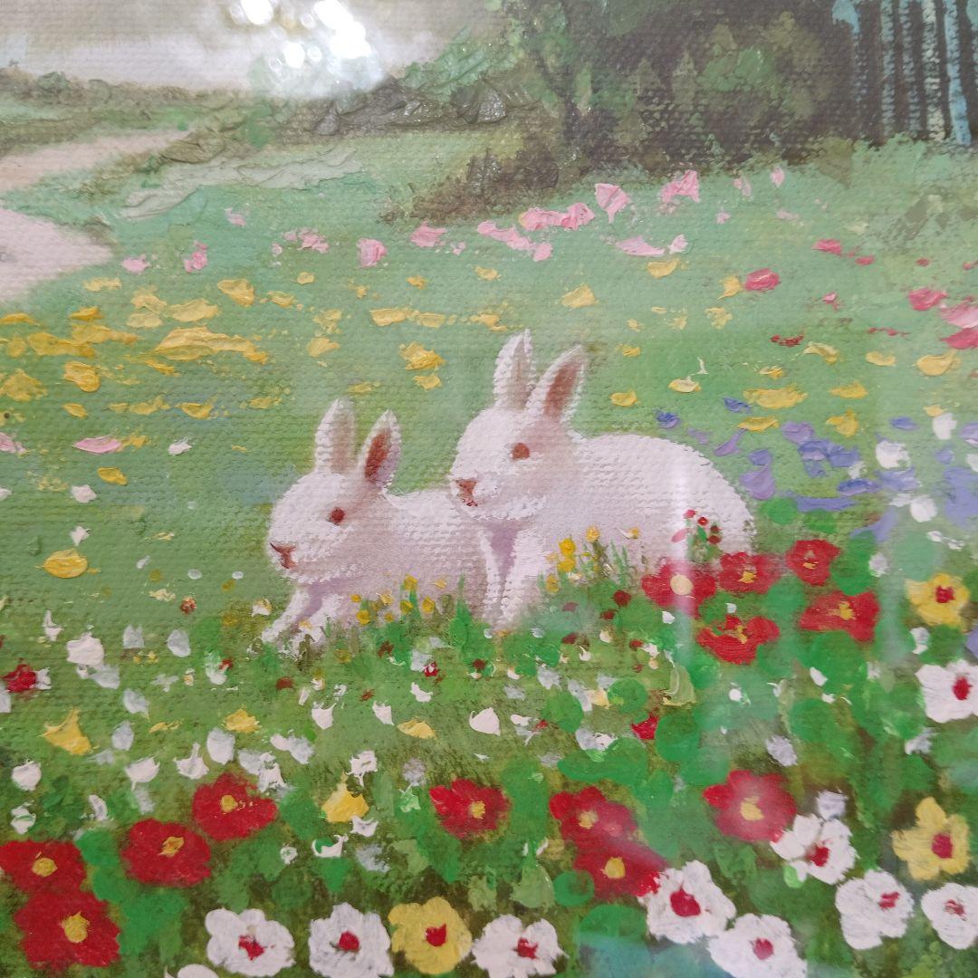 【美品】油彩画　サイン入り　富士山の風景画 　ウサギ　肉筆画　雪