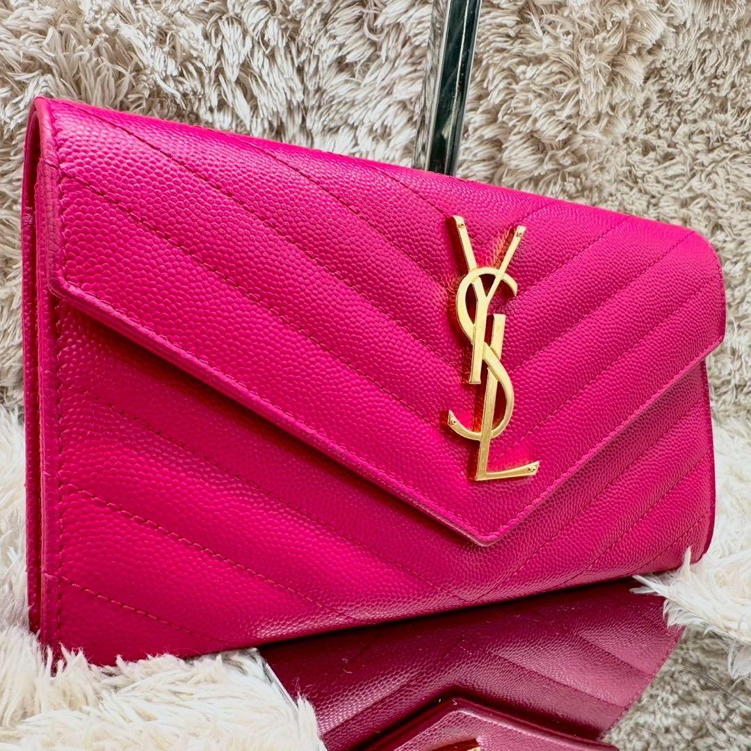【未使用級】サンローラン 長財布 ピンク フラップ YSL Vステッチ
