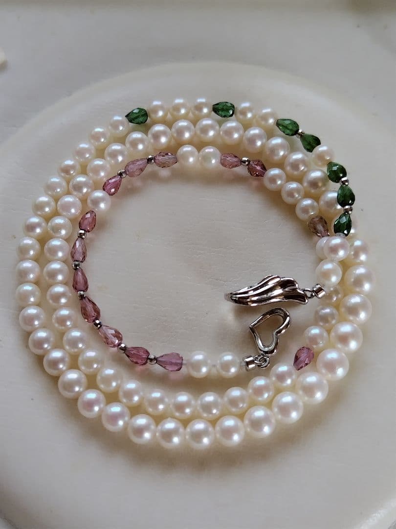 アコヤ真珠ベビーパール、グリーントルマリン、ピンクトルマリン、3WAYネックレス