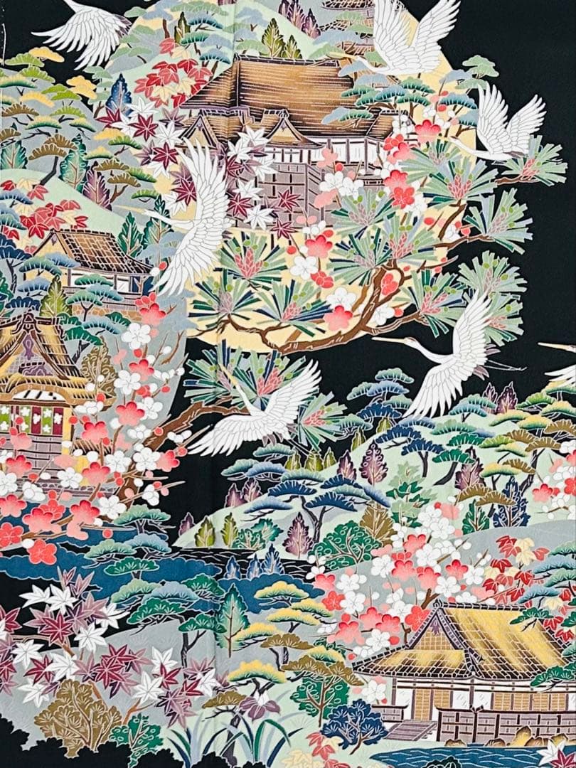 作家物　縁起の良い郡鶴に美しい四季の花々が美しく品格溢れる黒留袖完全フルセット